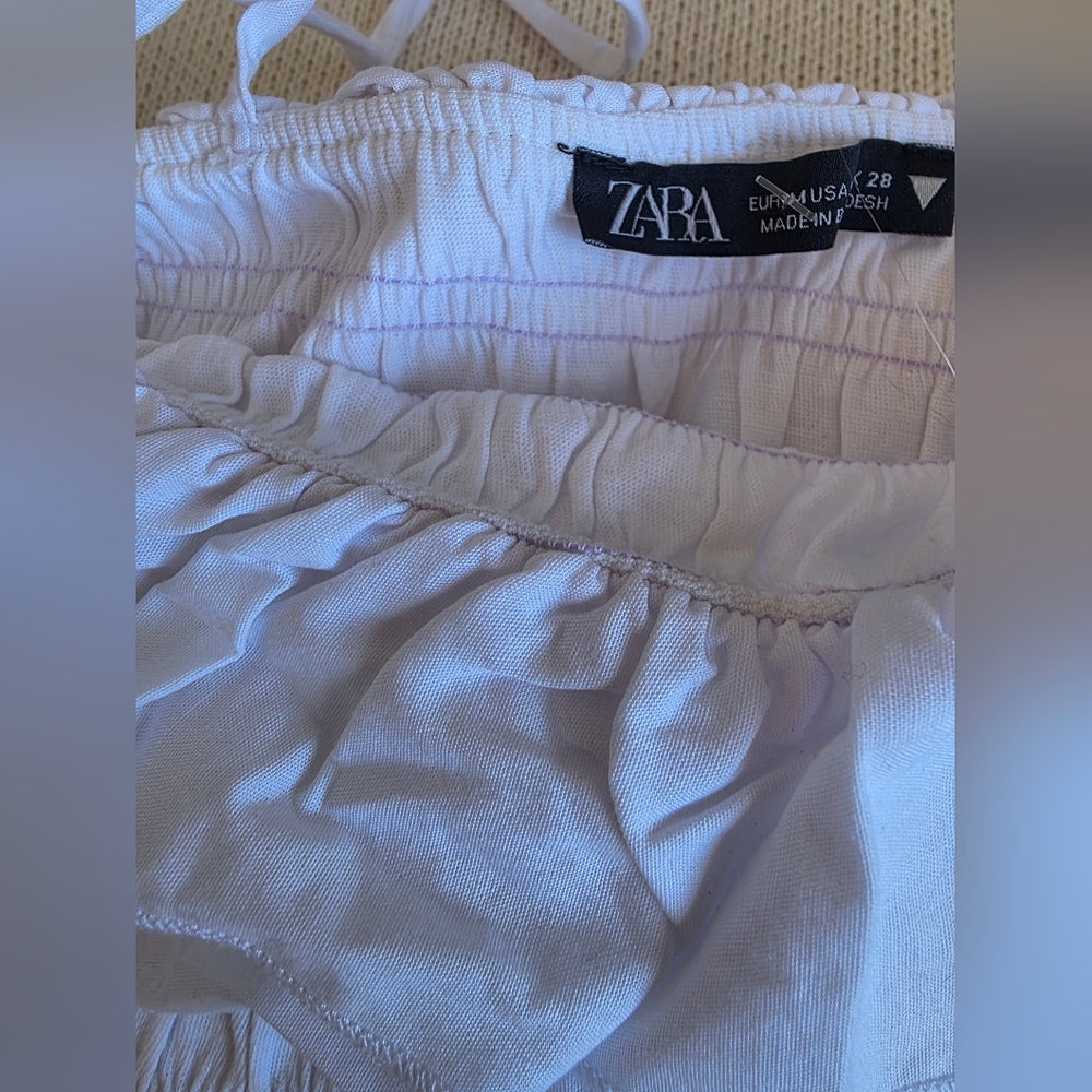 Zara White Ruffled Smocked Crop Top w Off-Shoulder Tie Straps NEW S Med - Picture 5 of 9